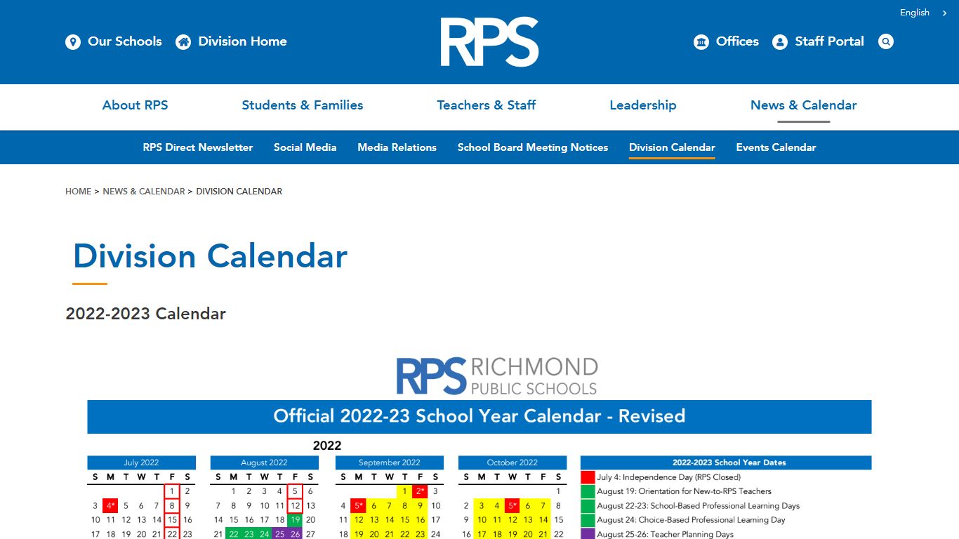 Division Calendar - Richmond Public Schools